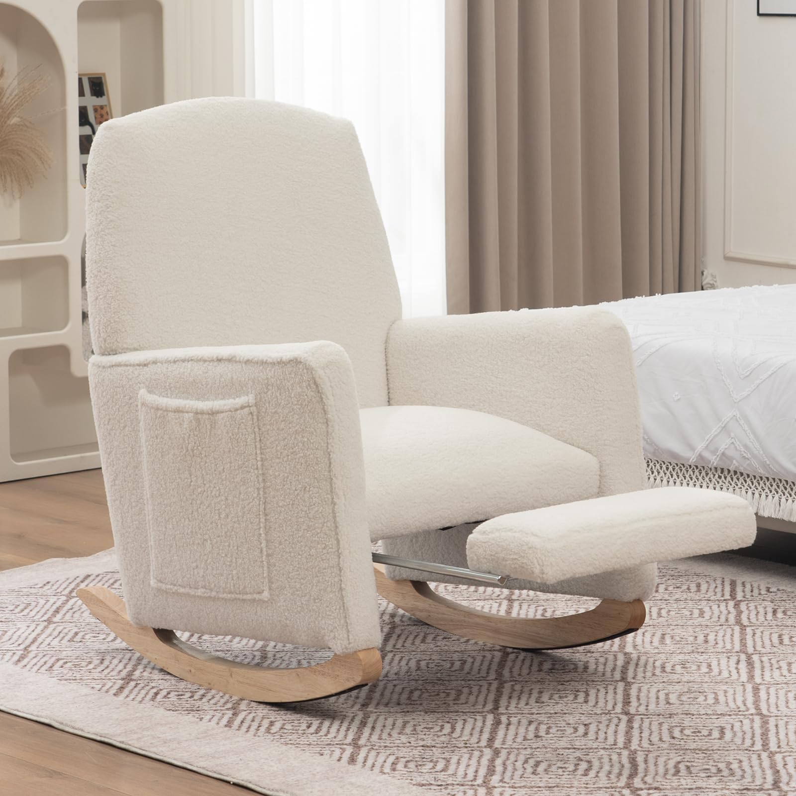 FOXHUNTER Rocking Chair, Nursery Chair with Adjustable Footrest and High Backrest, Glider Chair for Nursery with Side Pockets, Upholstered Rocking Chair Indoor for Living Room, Teddy Ivory