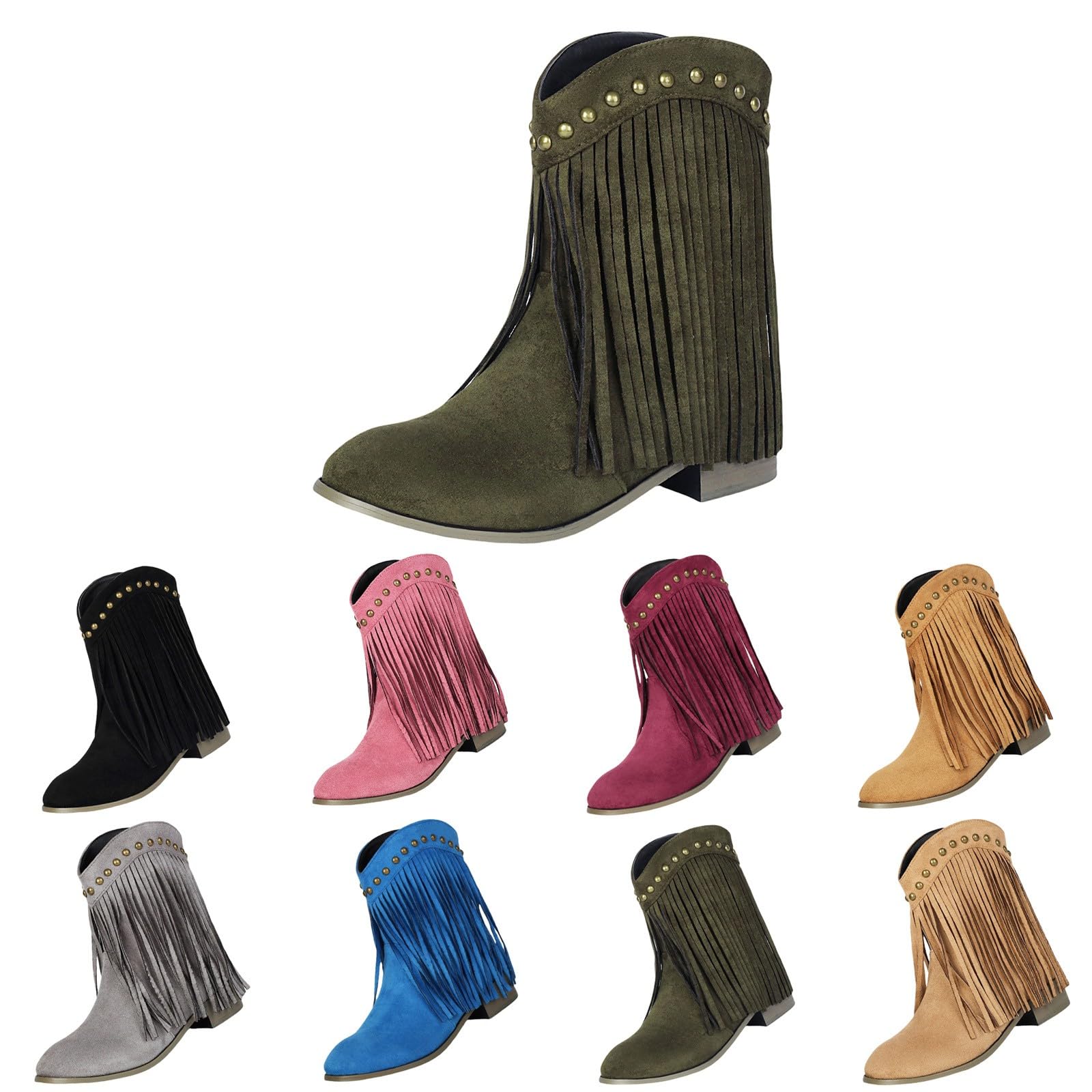 Botas de vaquero para mujer con flecos, botines de media longitud, con punta puntiaguda, tacón grueso, botas de flecos, botas occidentales, cómodas, vintage, botines para mujer, botas medias para