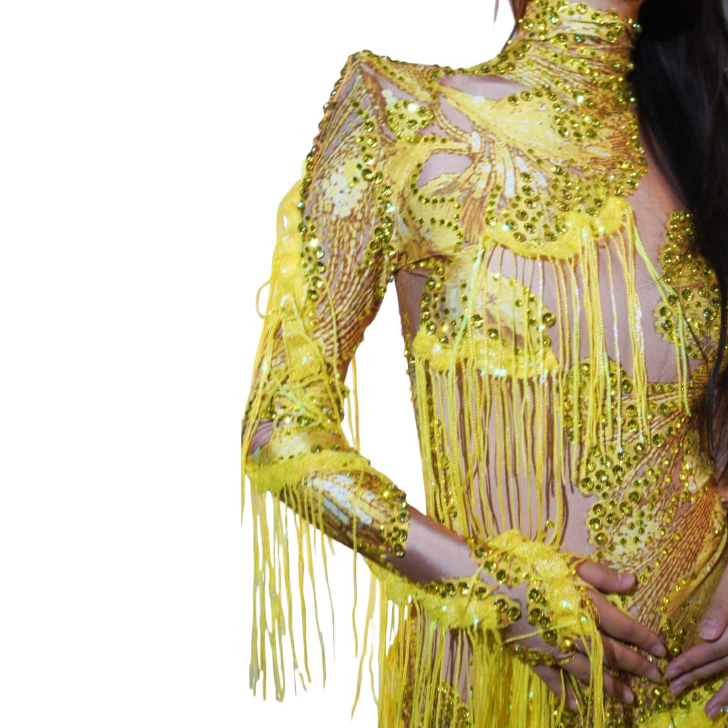 Photo 1 of CELESINYI Women's Sequins Tassel Bodysuit - Yellow, One Size
