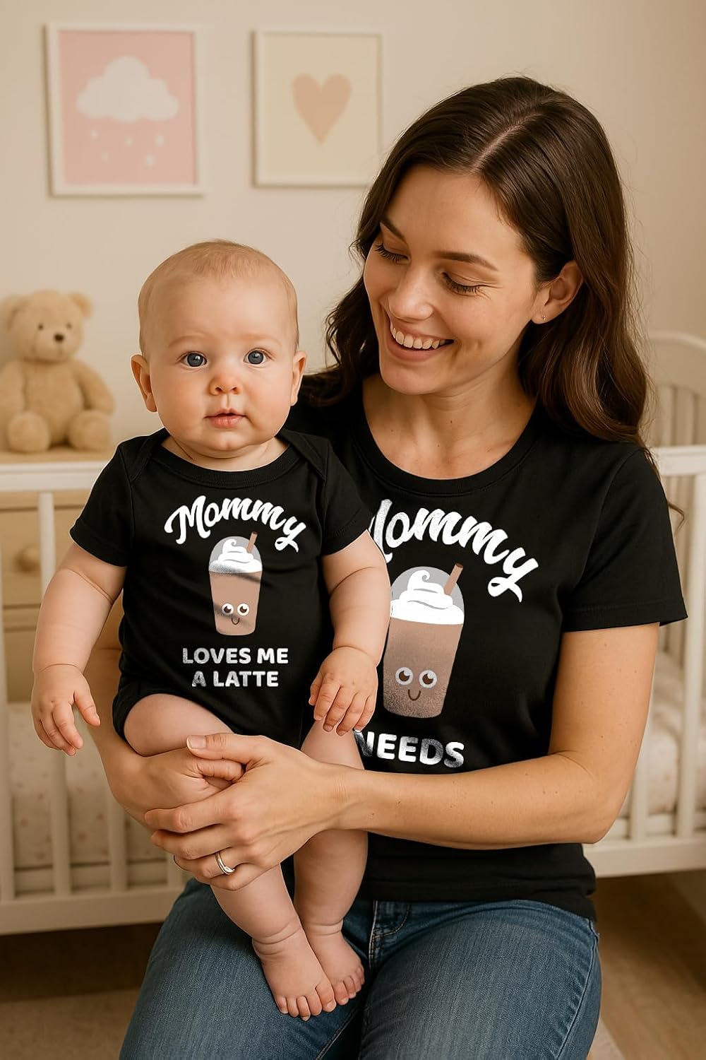 Tstars Mommy Needs a Latte Mom and Baby Matching Shirts, Funny Coffee Mommy and Me Outfit Gift for Mother's Day