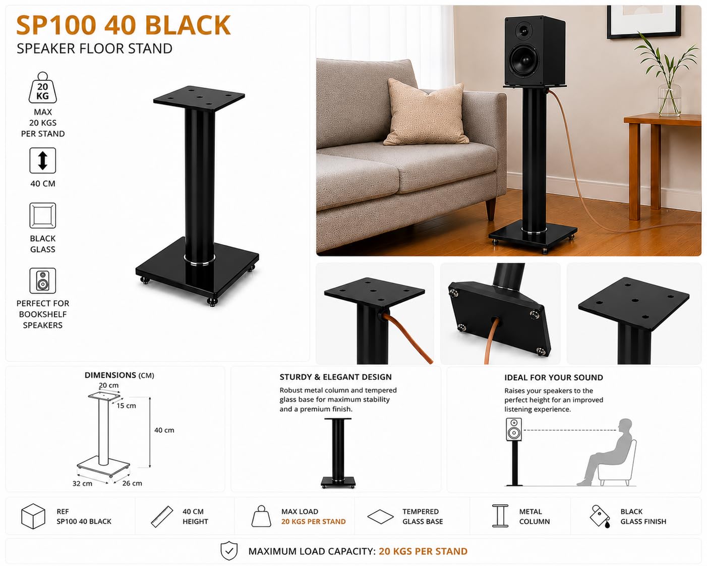 Sonorous SP100-40 Nero – Supporti da Pavimento per Diffusori 40 cm (Coppia) | Alluminio e Vetro Temperato | Fino a 20 kg per Supporto | Gestione Cavi Integrata.