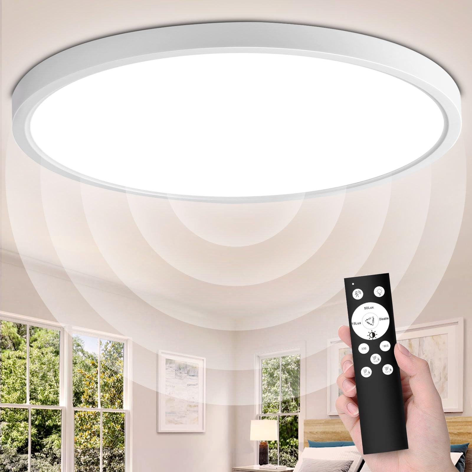 VivaLet LED Deckenleuchte mit Bewegungsmelder Innen 28W 2800LM, 3000K/4000K/6000K Dimmbar Deckenlampe Flach mit Fernbedienung, IP54 Sensor Licht mit Lichtsensor für Bad, Keller, Treppen, Garage 30cm