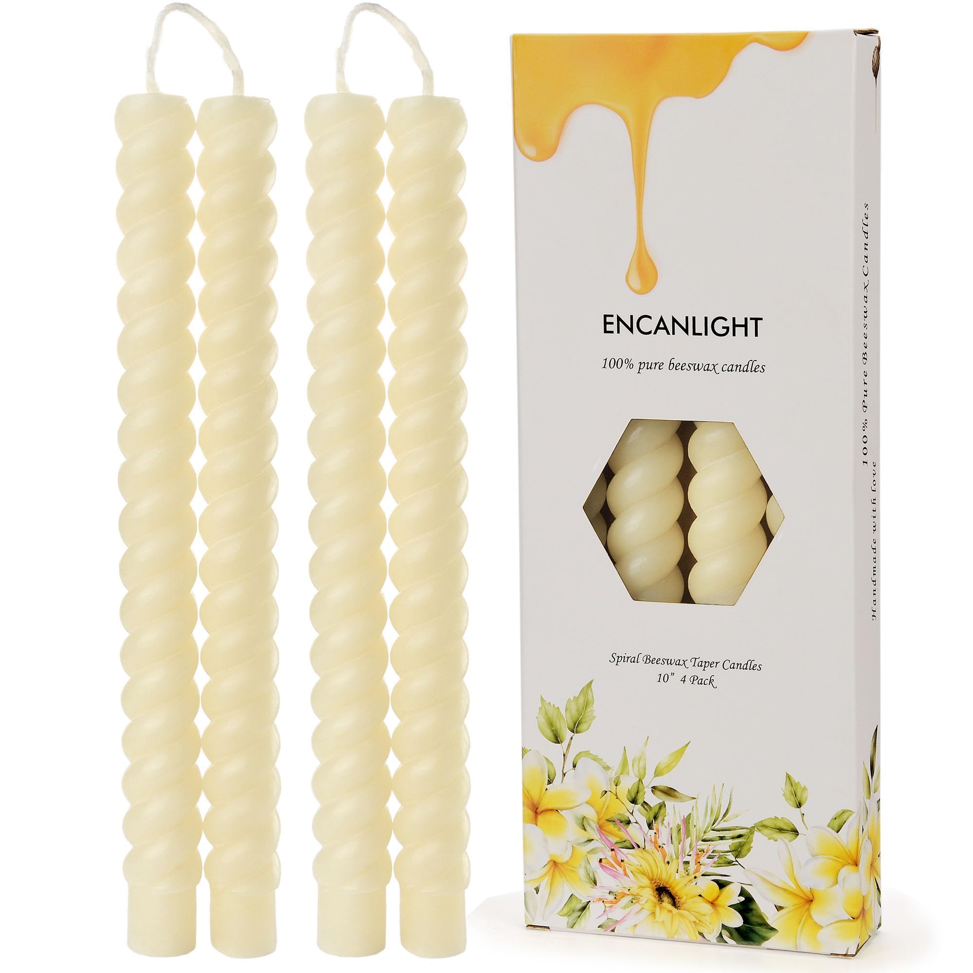 10" Spiral Bees Waxs Candle Sticks 4 Pack,Pure Long Burning Candles,9 Hours Time, Dripless Smokeless and Unscented for Home Decor Wedding Party