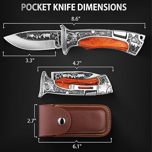 Miniatura 6 de NEDFOSS Regalos para hombres cuchillo plegable de bolsillo, hoja única grabada de 8.6 pulgadas, cuchillo de bolsillo con asas de madera con bloqueo