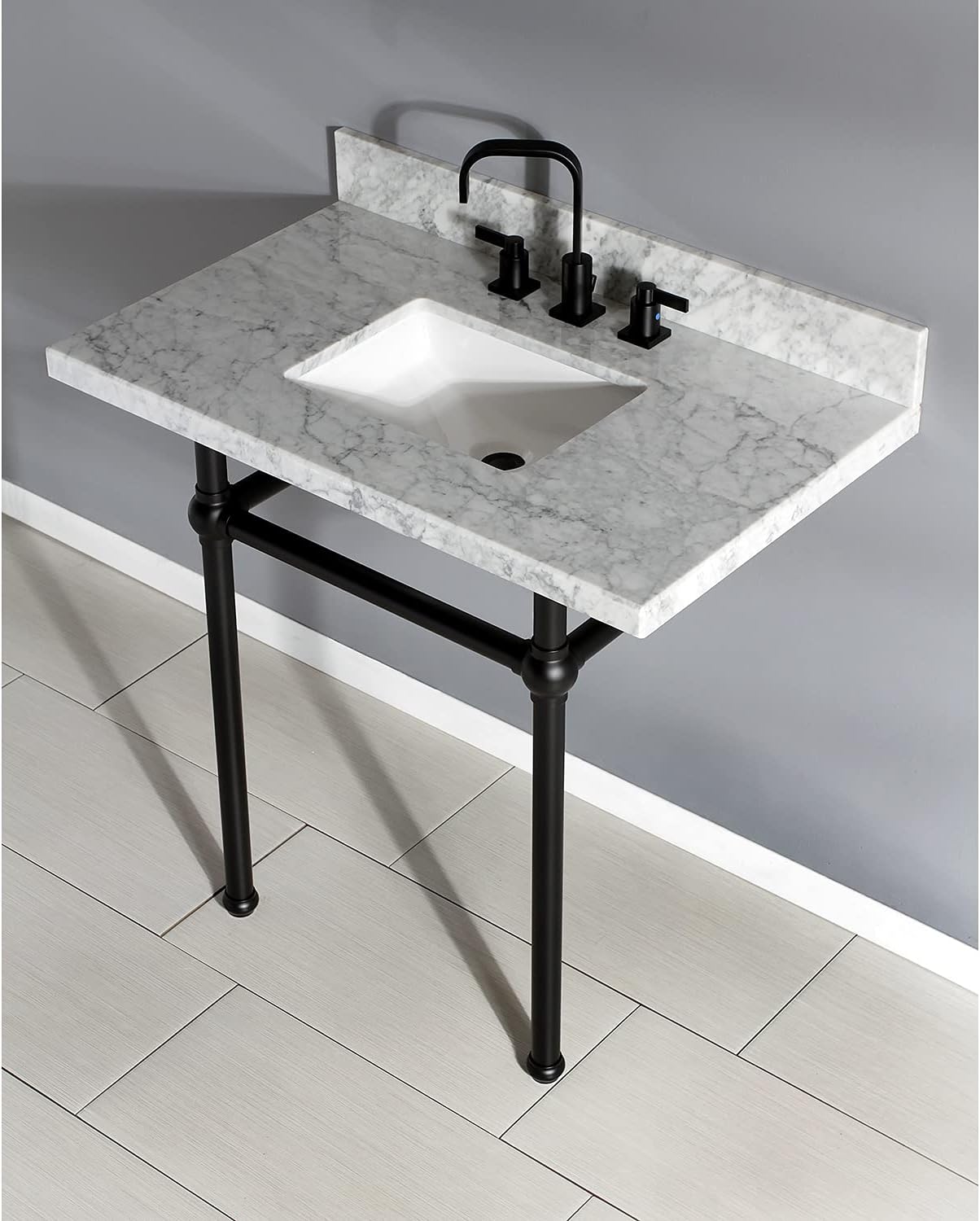 Kingston Brass KVPB36MBSQ0 Templeton 36" x 22" Carrara Marble Vanity Top with Brass Console Legs, Carrara Marble/Matte Black