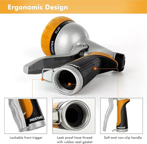 Miniatura 5 de RESTMO Boquilla de manguera de jardín, boquilla de manguera de agua de metal resistente con 7 patrones de pulverización ajustables, rociador de mano