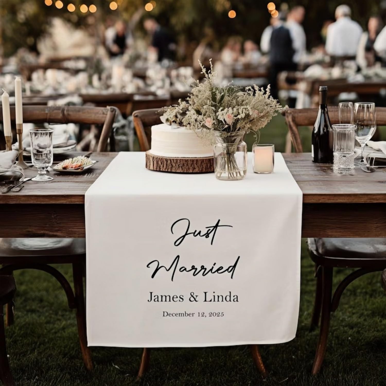 Personalized Just Married Table Runner, Custom Cotton Linen Fabric Wedding Banner, Modern Outdoor Wedding Sweetheart Table Decor(A)
