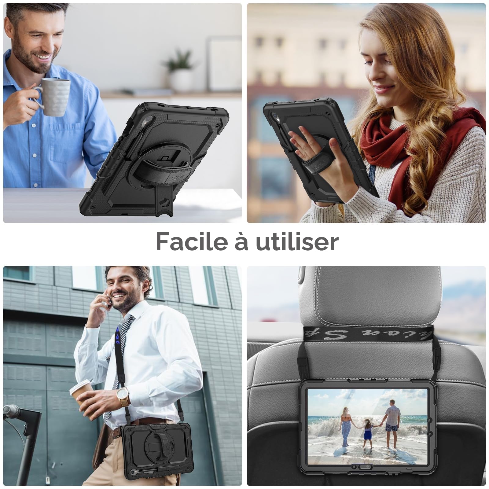 SEYMAC Coque pour Samsung Galaxy Tab S10 Lite / S10 FE / S9 FE 10.9 Pouces / S9 11 Pouces, Coque Antichoc avec Protecteur D'écran, Dragonne, Bandoulière, Support et Porte-Stylo, Noir