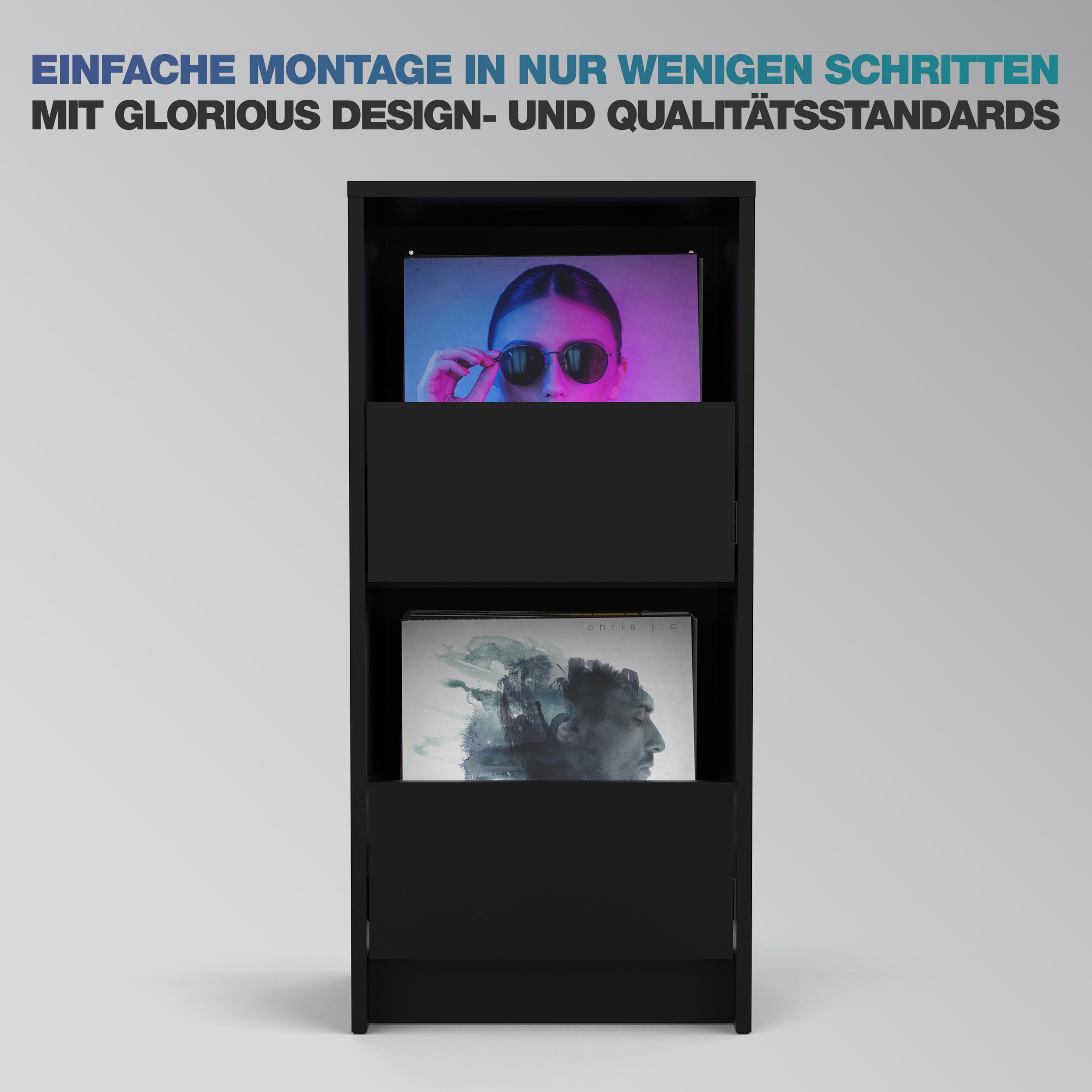Glorious Vinyl Vault - Armadio per dischi con cassetti a chiusura morbida per LCD da 12", spazio per 160 album, design modulare, nero