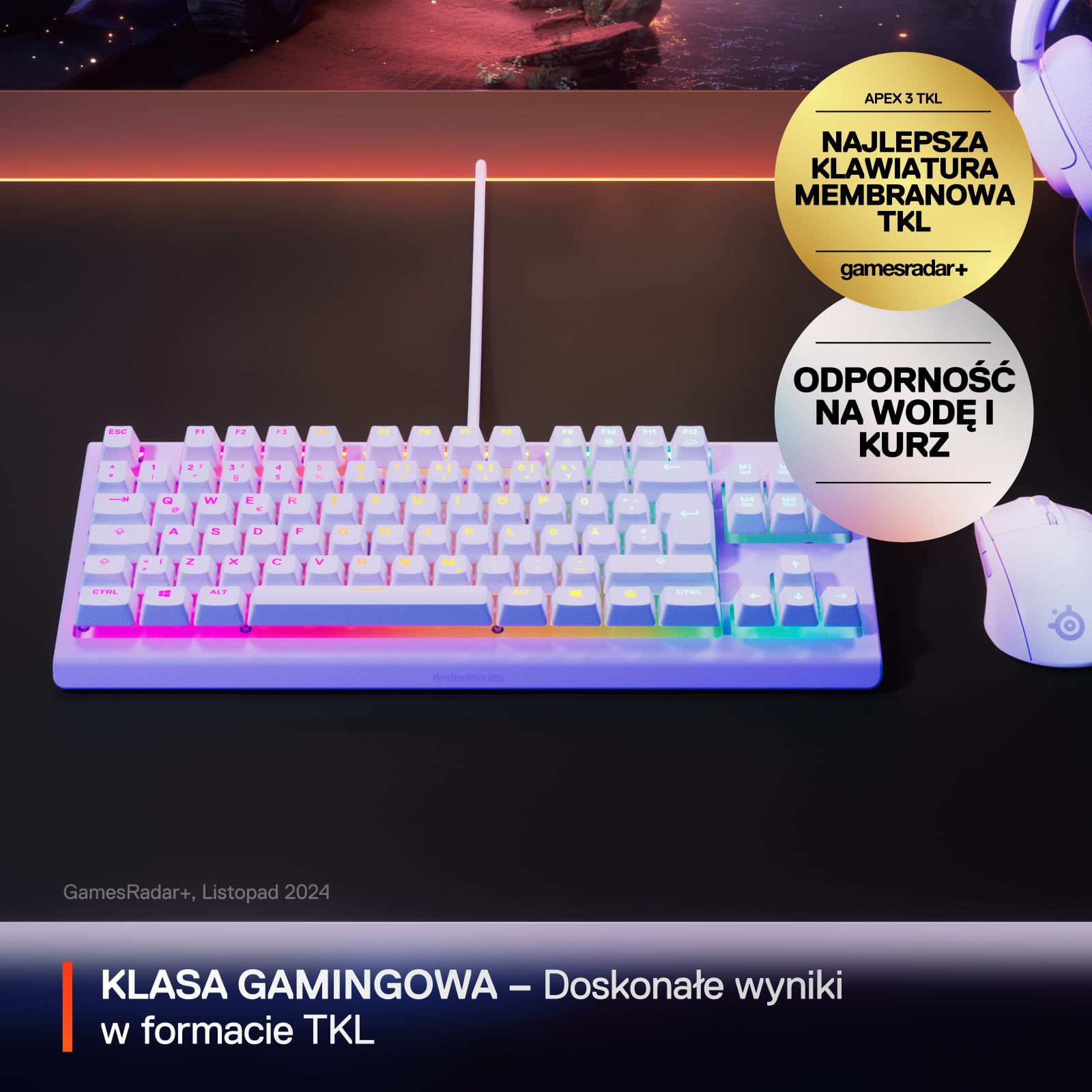 SteelSeries Apex 3 TKL Lawendowa RGB - klawiatura dla graczy – Obudowa bez części numerycznej – 8-strefowe podświetlenie RGB –Odporna na wodę i kurz –Niezwykle cichy przełącznik mechaniczny -UK QWERTY