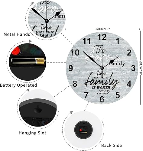 Miniatura 10 de Reloj de pared de madera personalizado que pasa con la familia cada segundo con manecillas de metal, reloj de pared redondo ligero estilo campestre