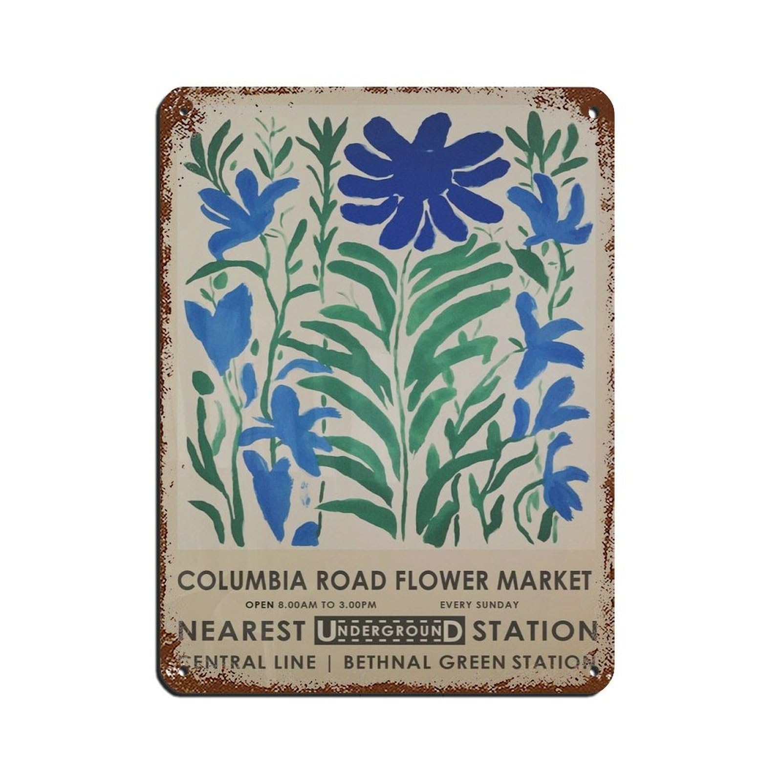 Columbia Road Flower Market, Vintage Blue Flower Retro Poster Metal Tin Sign Chic Art Retro Iron Painting Bar People Cave Cafe Family Garage Poster Wall Decoration 12x16inch(30x40cm)