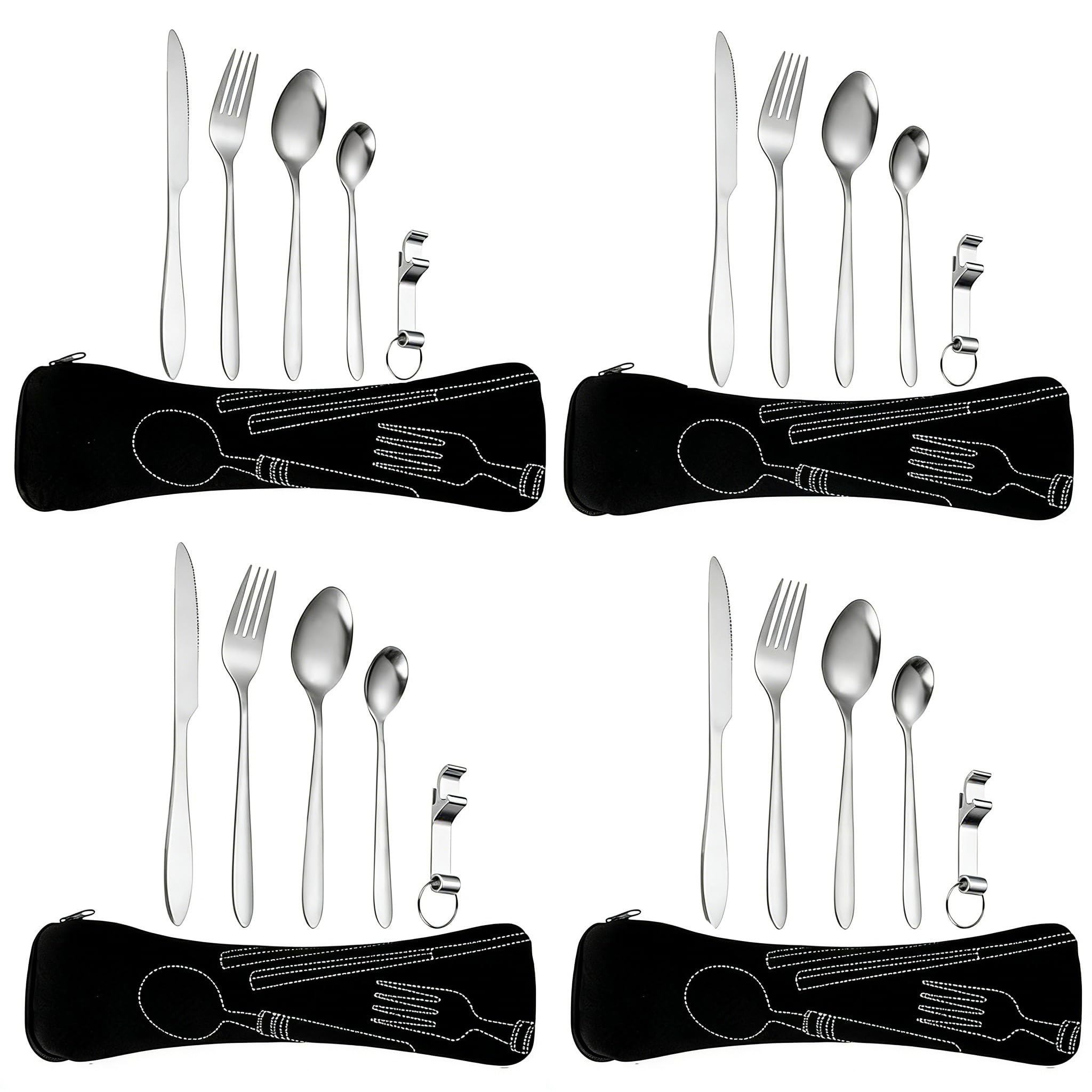 4 Personen Campingbesteck Set,Reisebesteck mit Etui,Besteck für Unterwegs,Edelstahl Besteck für Outdoor Camping Picknick Schule（Black）