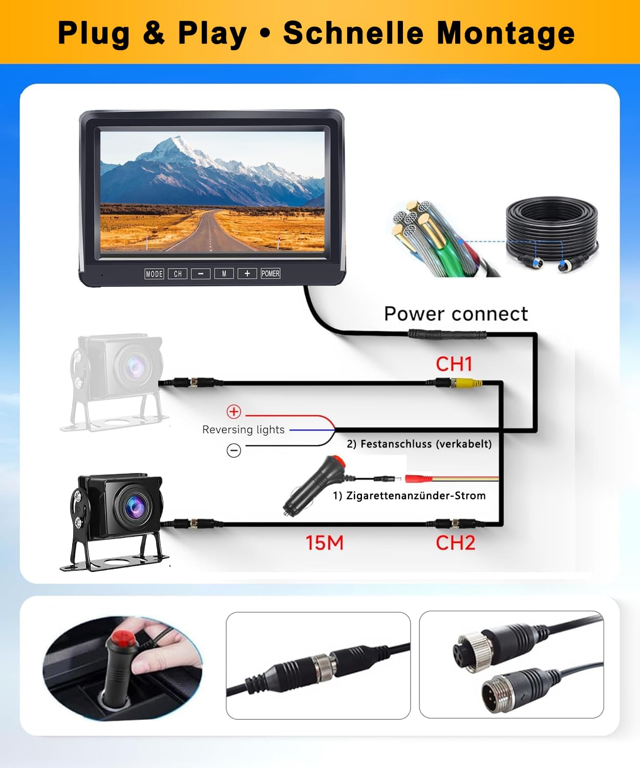 Rückfahrkamera-Set mit 7"-LCD-1080P Monitor & 170° Weitwinkel- Rückfahrkamera, IP69 wasserdicht, Nachtsicht, Stabilem Signal Backup-Kamera mit 15m Kabel,für LKW/Anhänger/Bus/Van/Landwirtschaft/Wohnmob
