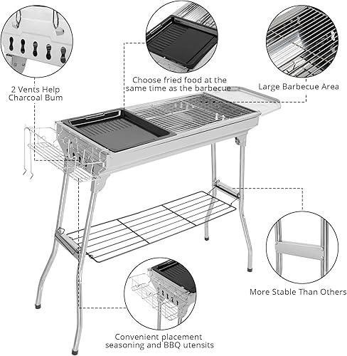Miniatura 2 de Outvita Parrilla de carbón portátil, 39 x 12 x 28 pulgadas, parrilla plegable de acero inoxidable y ahumador para cocinar al aire libre, camping,