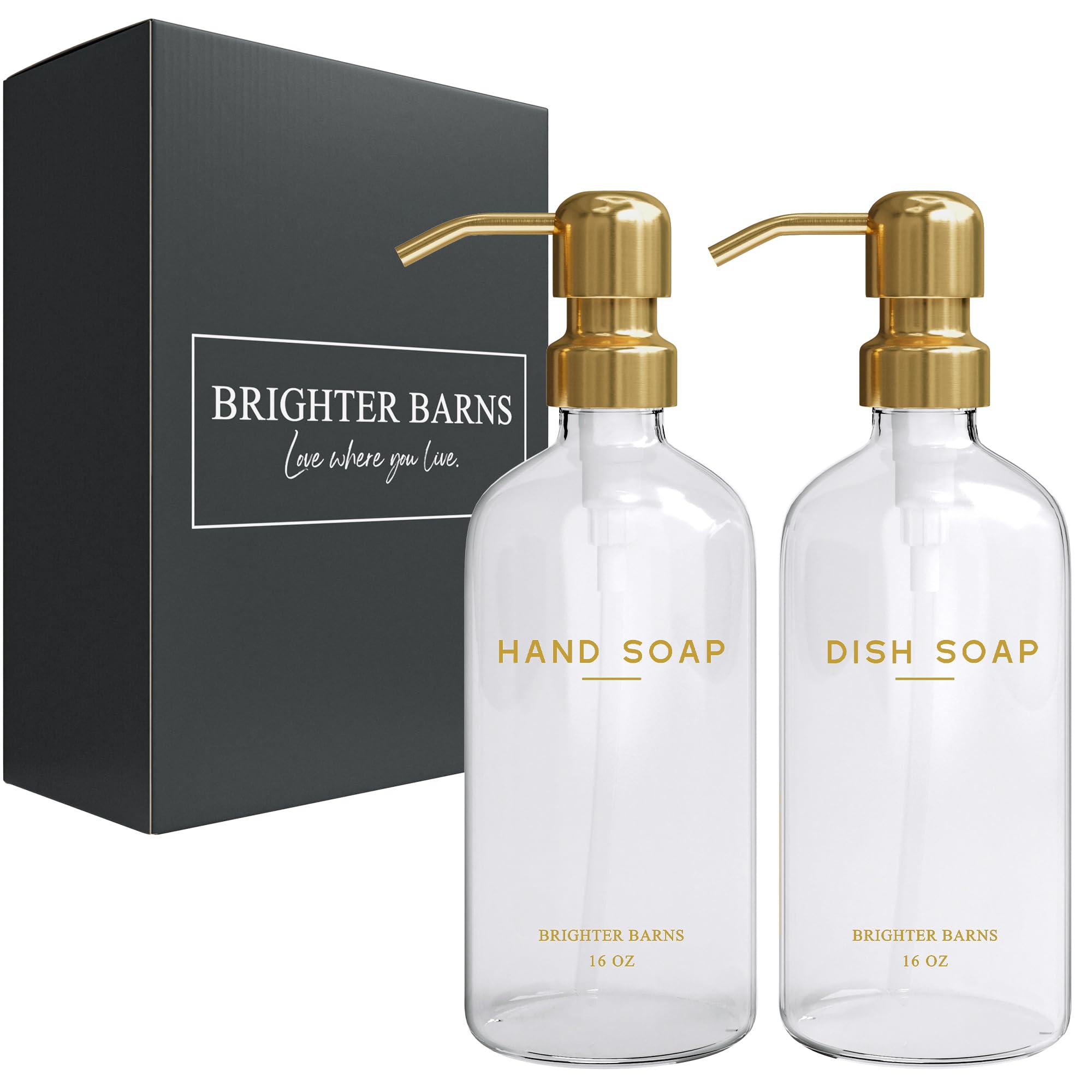 Brighter Barns - Dispensador de jabón de Vidrio, de Lujo, para jabón de Manos y de Fregar, Botella Recargable, Bomba de Acero Inoxidable, decoración, Accesorios de Cocina Modernos (Dorado)