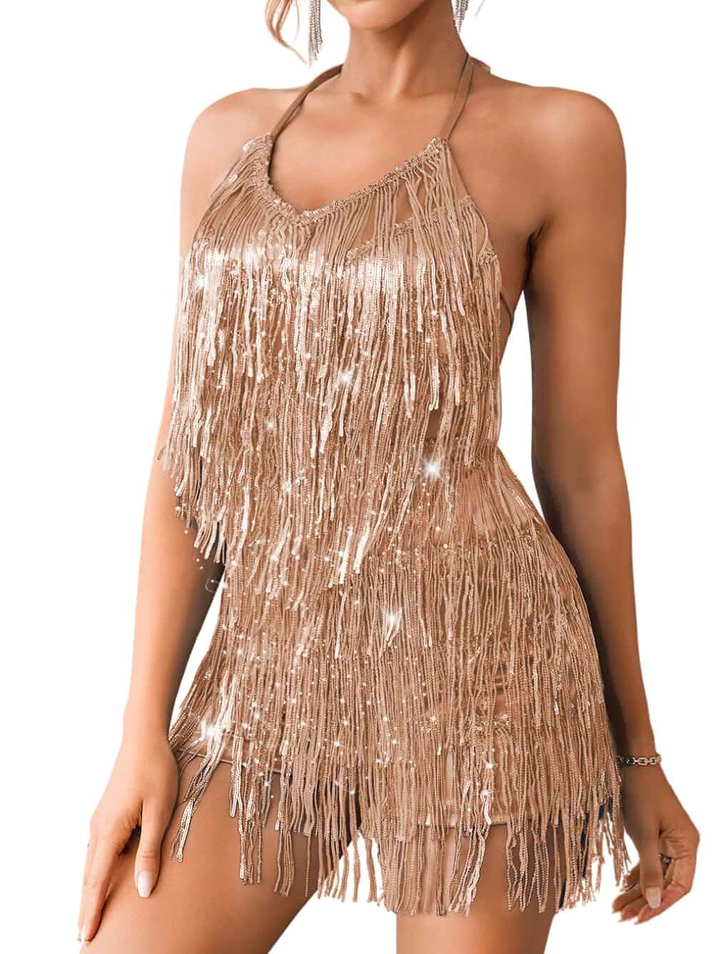Kaei&Shi Sequin Fringe Romper,Sparkly Glitter Metallic Jumpsuits For Women,Backless Shorts Dress Disco Birthday Dance Outfit