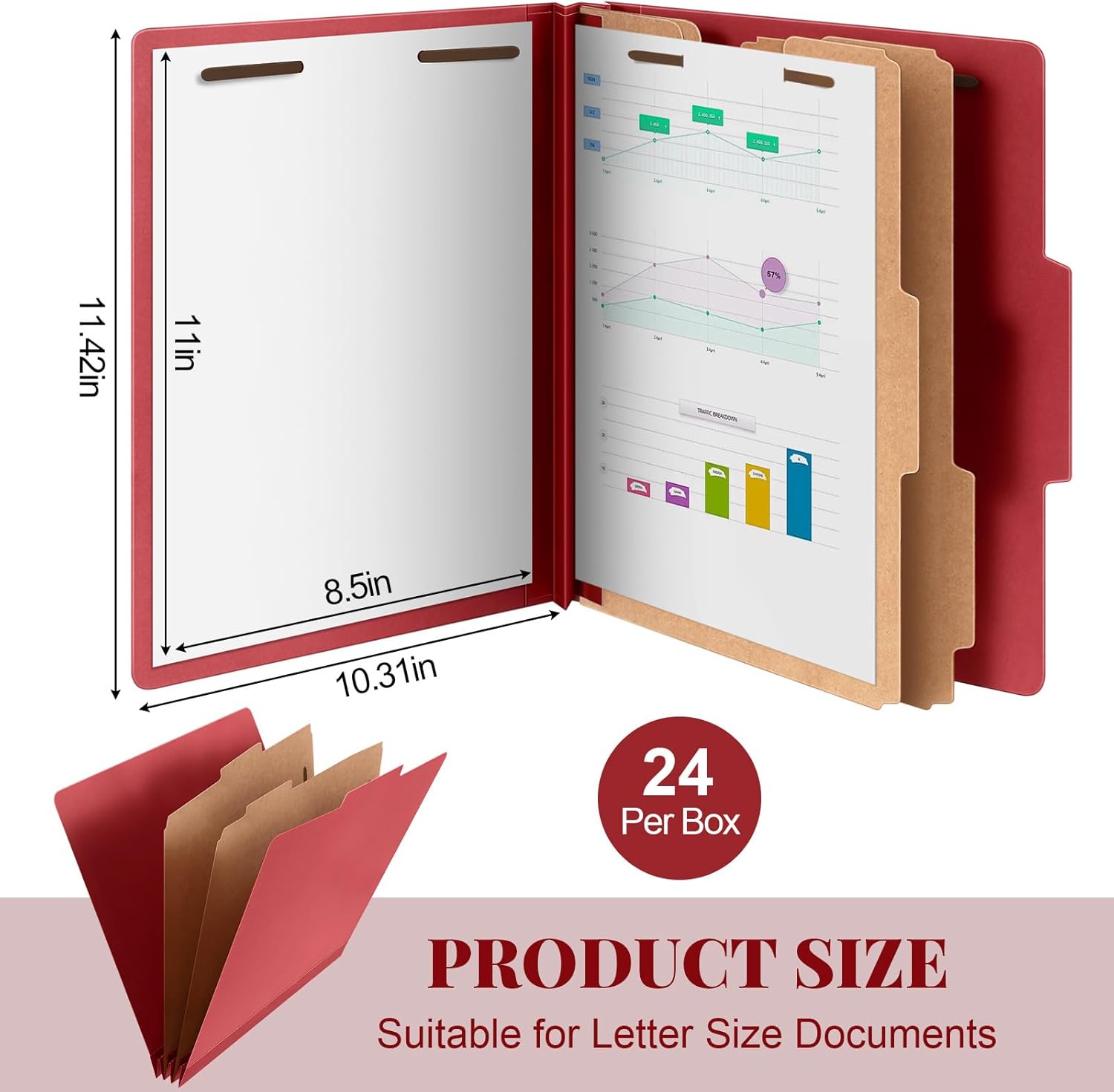 Skyygemm 24 Pcs Classification Folders Letter Size Bulk - 2 Dividers Pressboard File Folder with 3. 5 Inch Expansion, 2 Prongs Fastener, Heavy Duty Office File Organizer for Teacher Medical (Dark Red)