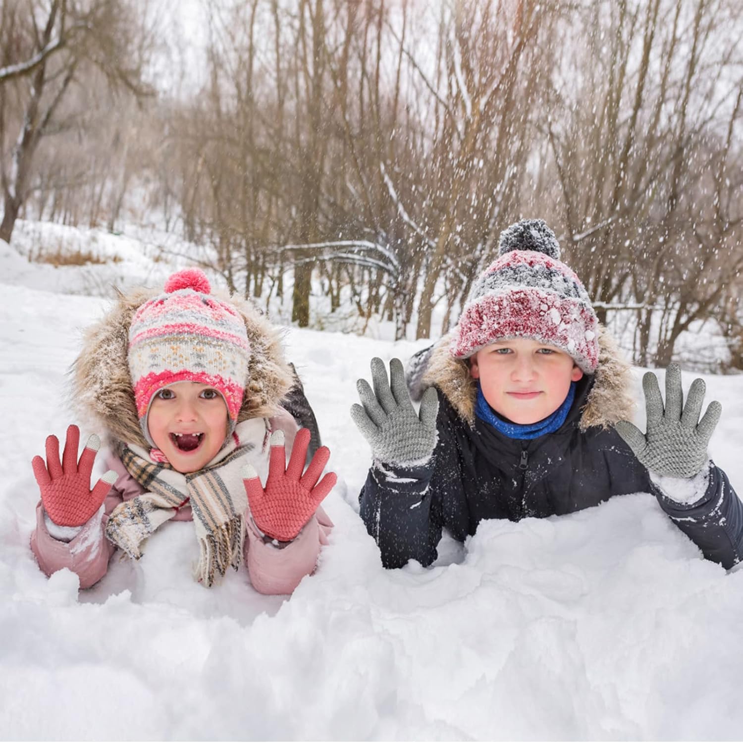 ONESING 3 Pairs Kids Winter Knit Gloves - Warm, Stretchy Full Fingers Gloves for Boys & Girls