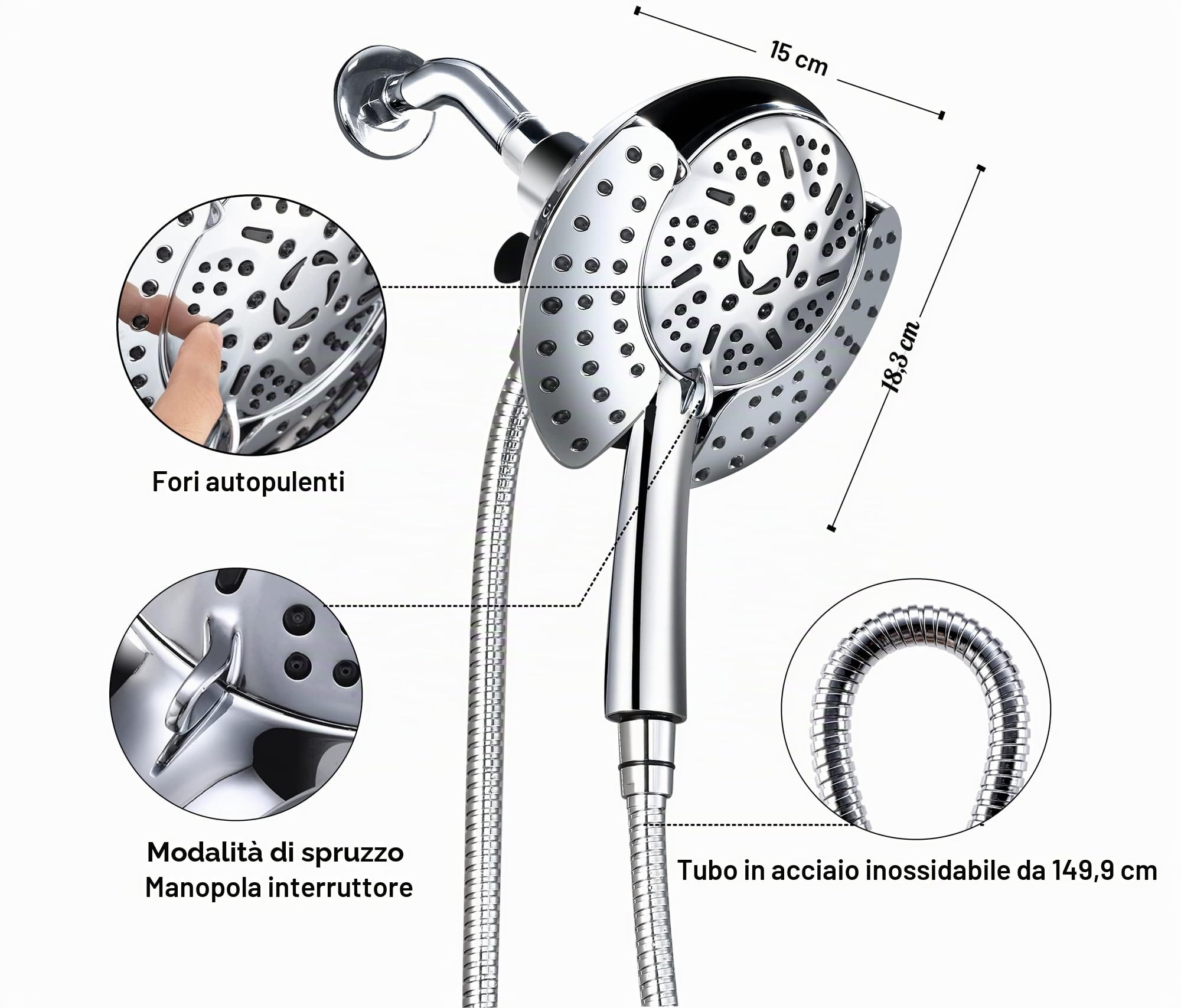 GRICH Soffione doccia doppio: soffione doccia 2 in 1 ad alta pressione portatile e a pioggia, 9 modalità di spruzzo, rimovibile con tubo, certificato cUPC e CEC