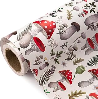 WRAPAHOLIC Mushroom Wrapping Paper Roll - Mini Roll - 17 Inch x 33 Feet - Red Mushrooms Plants Design, Perfect for Birthday, Autumn, Party, Holiday