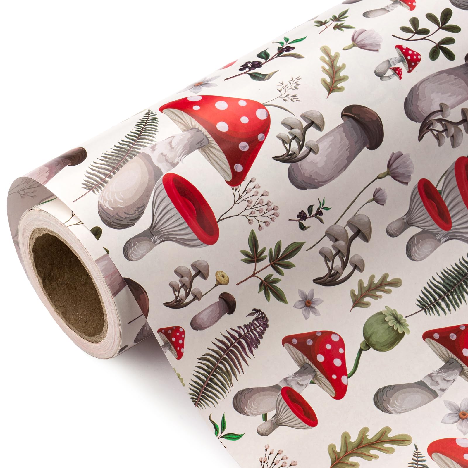 WRAPAHOLIC Mushroom Wrapping Paper Roll - Mini Roll - 17 Inch x 33 Feet - Red Mushrooms Plants Design, Perfect for Birthday, Autumn, Party, Holiday