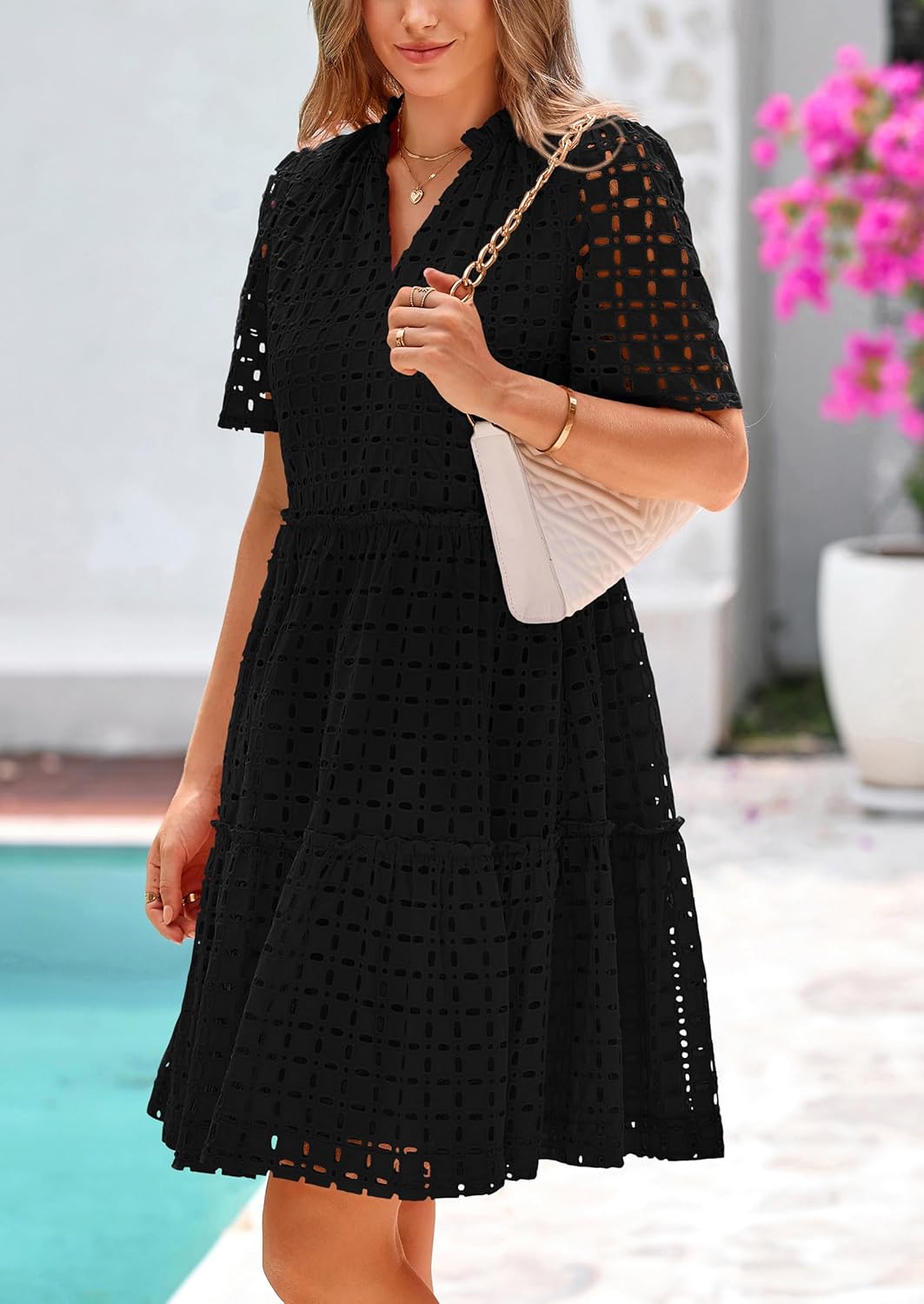 PRETTYGARDEN Eyelet Dresses for Women 2026 Summer Short Sleeve V Neck Hollow Out Ruffle A Line Boho Beach Vacation Mini Dress - Image 6