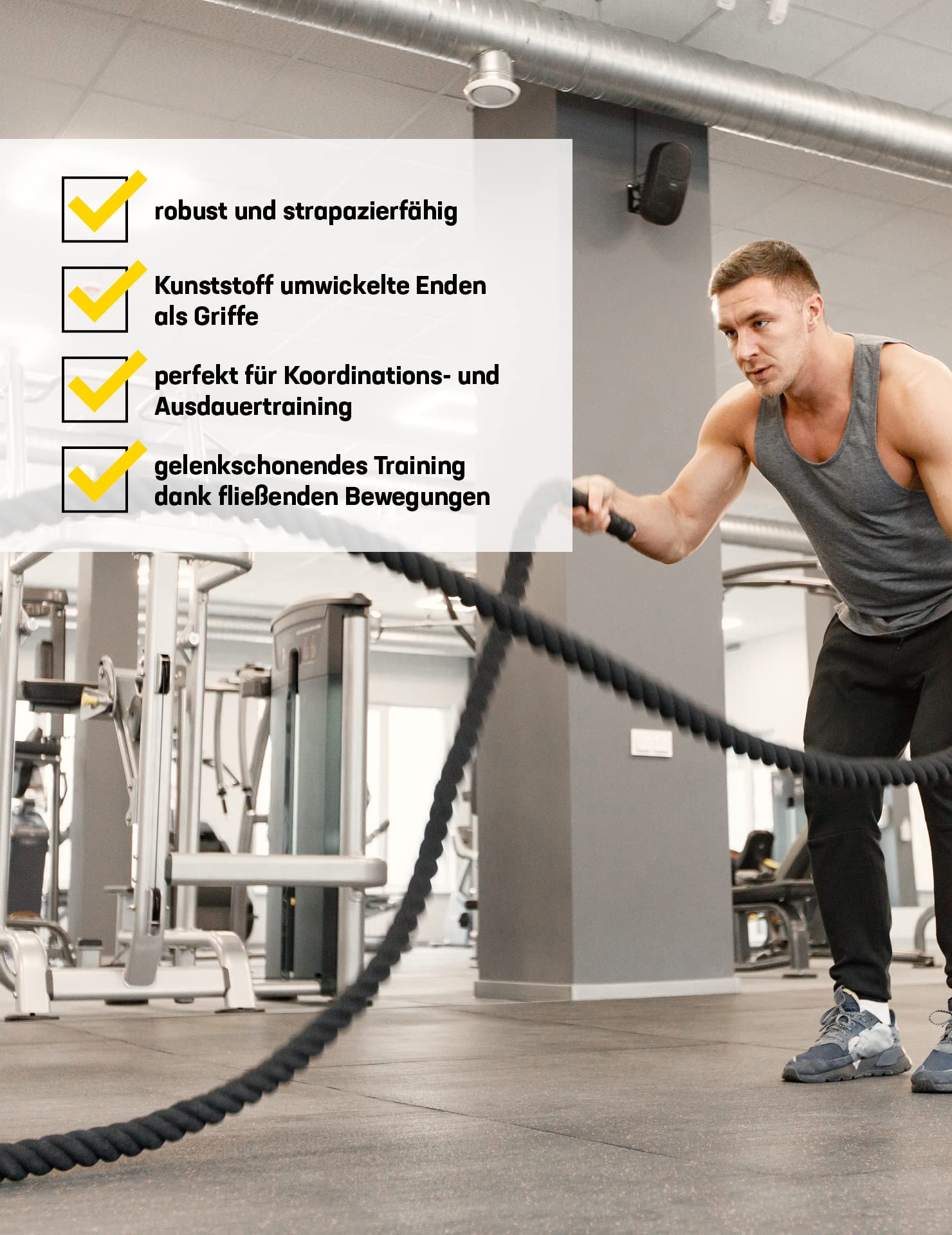 SPORTINATOR® Fitness Battle Rope 9 m langes und 7 kg schweres Trainingsseil, mit Kunststoff umwickelten Enden als Griffe. Perfekt für Koordinations- und Ausdauertraining. Für Damen und Herren