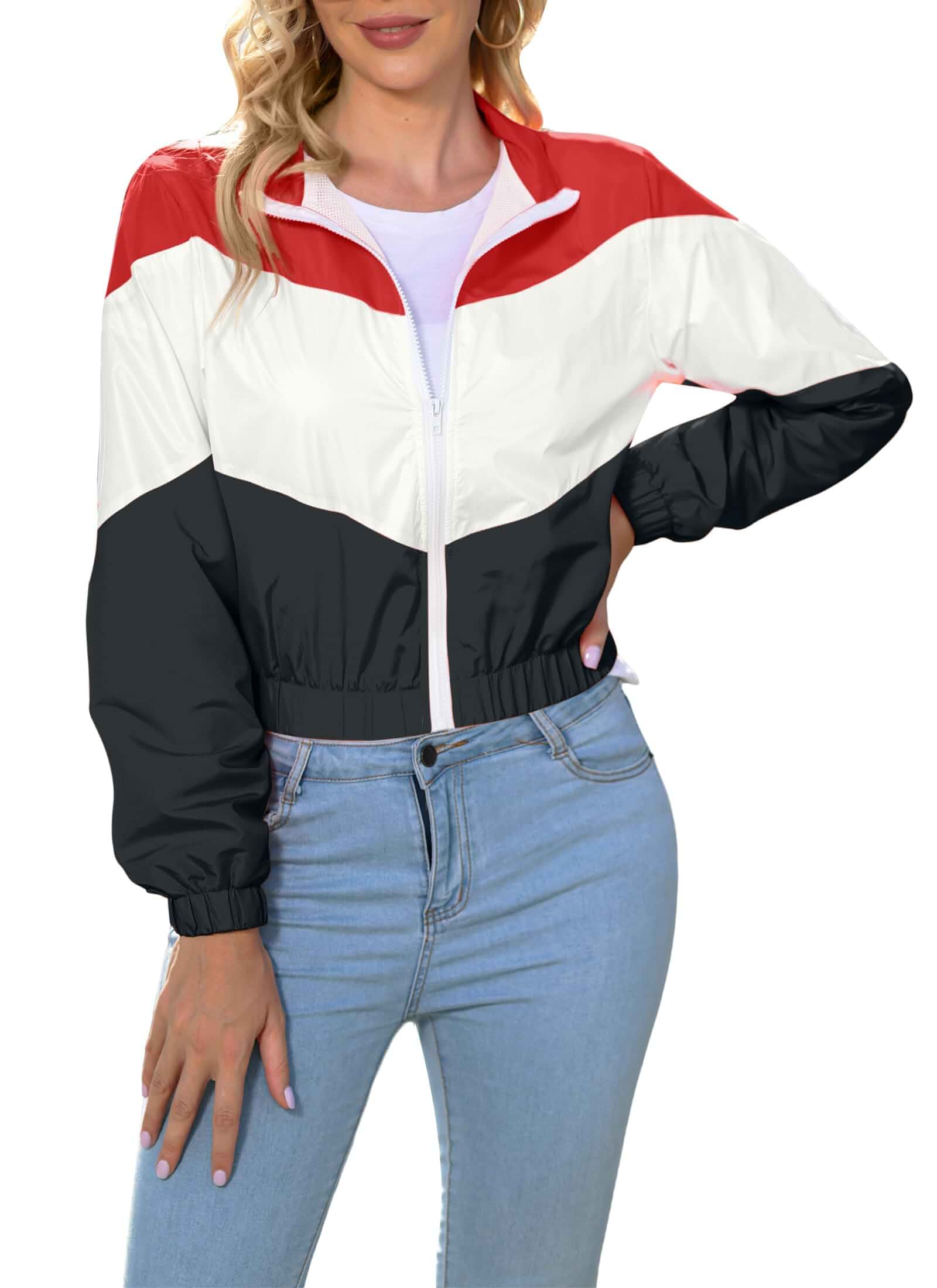 Women’s Lightweight Windbreaker Sport Jacket Zip Up Color Block Coat Casual Long Sleeve Jogging Outerwear Long Sleeve