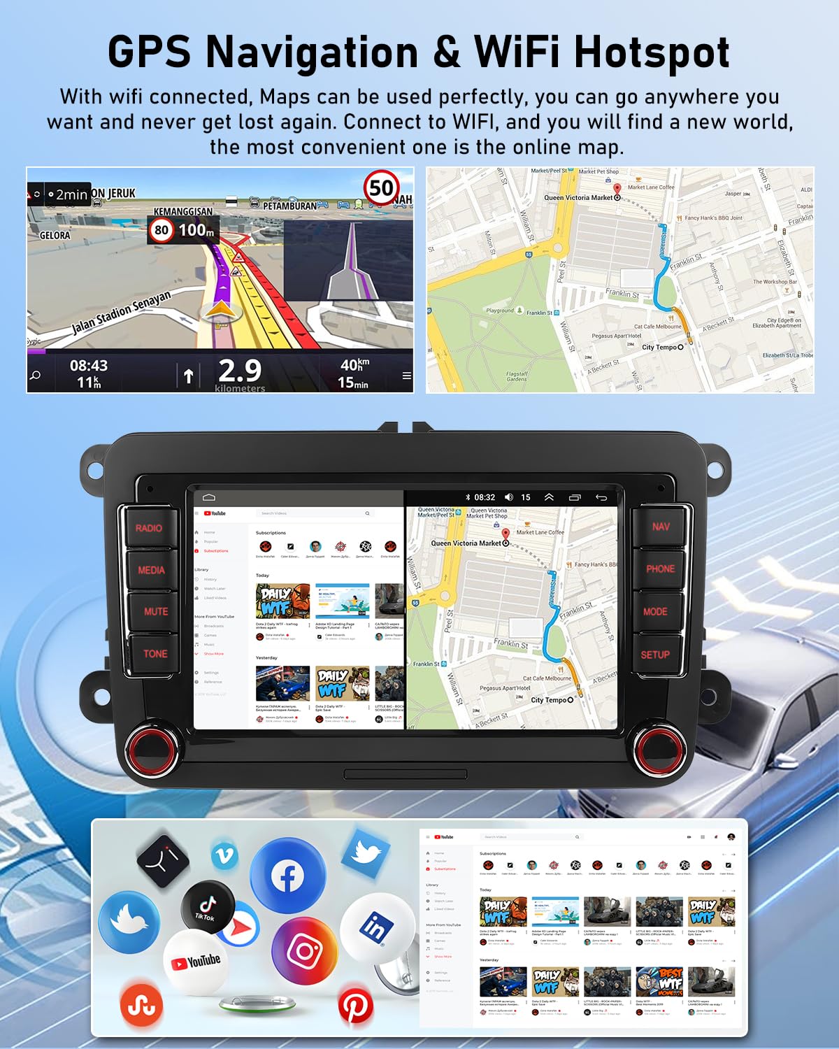 NHOPEEW 7 Zoll 2 + 64G Android Autoradio für VW Passat b6 b7 Golf 5 6 Jetta T5 EOS Polo Touran Seat Sharan - Unterstützung Drahtlos Carplay & Android Auto WiFi GPS FM RDS Mirror Link + Rückfahrkamera