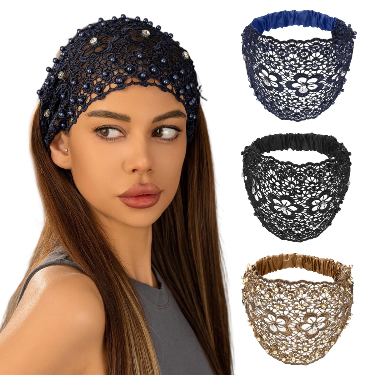sannidhi Wide Lace Headband for Women Hair Bands Hollow-Out Floral Pattern with Elastic Bands, Elegant Hair Accessory to Cover Hair, Pack of 3-picture-49