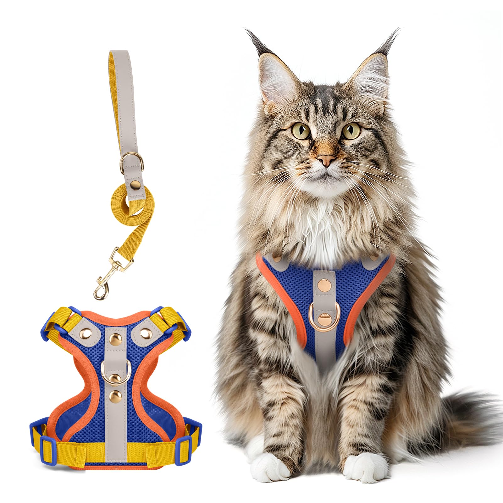 Escape Proof Cat Harness and Leash Set, Premium Microfiber Leather Trim, Adjustable Reflective Vest Harness for Cats, Breathable No-Pull Kitten Harness with Soft Mesh (Blue + Orange, M)