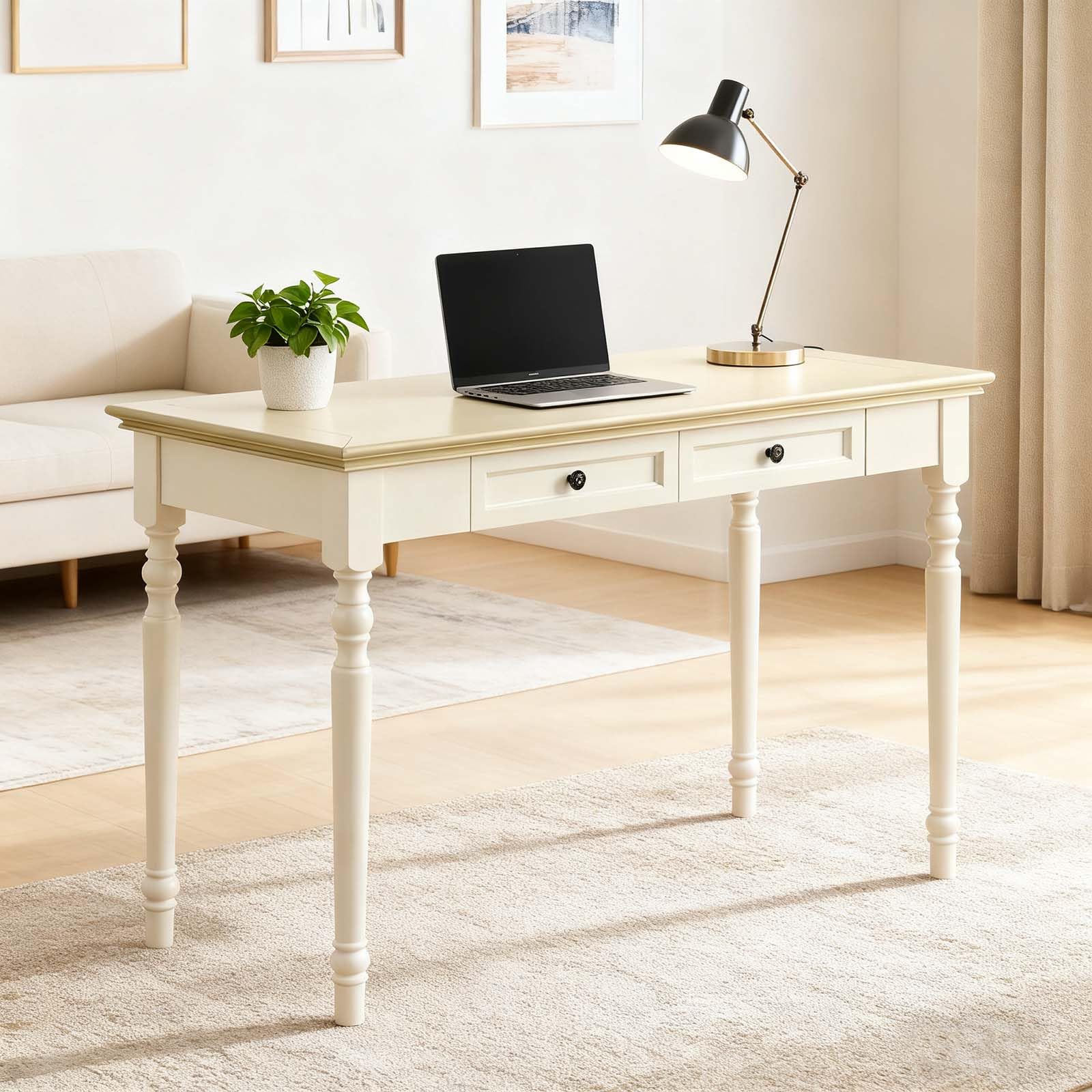 Conabaen Solid Wood Computer Writing Desk with Drawers, 47” Home Office Desks with Round Table Legs, for Home, Den Room or Workspace