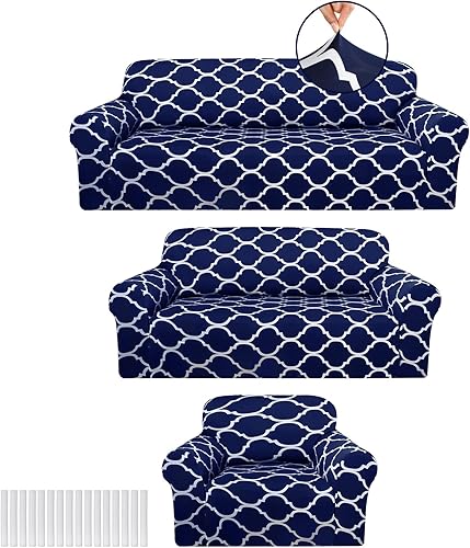 Peryiter Juego de 3 fundas de sofá para sala de estar, fundas para sofá y sofás, funda protectora de muebles, ajuste elástico, sin arrugas (azul
