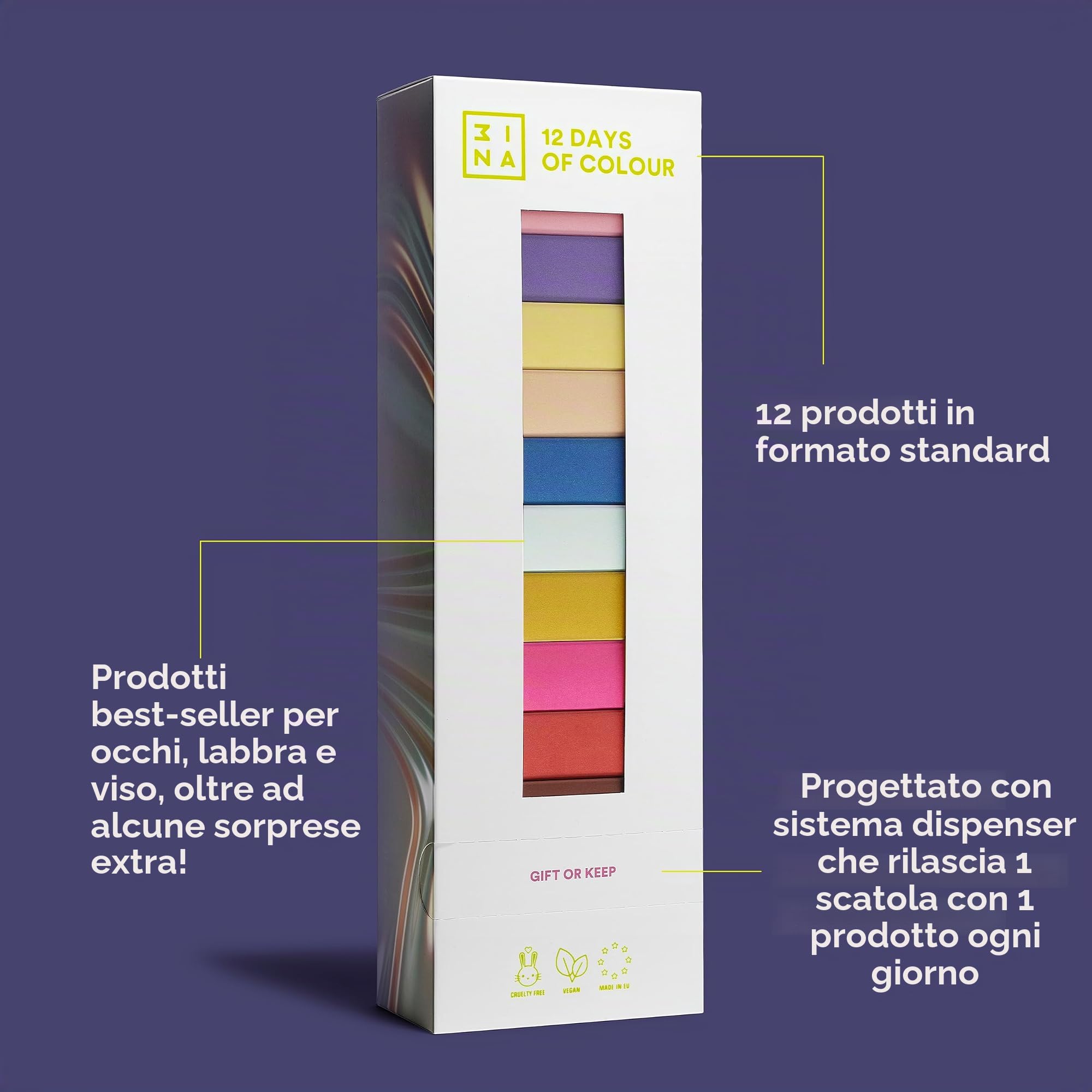 3INA MAKEUP - 12 Days of Color - Calendario dell'Avvento 2023 Bellezza - Calendario dell'Avvento Cosmetici - Set per il make-up con 12 prodotti in formato completo - Vegan - Cruelty Free