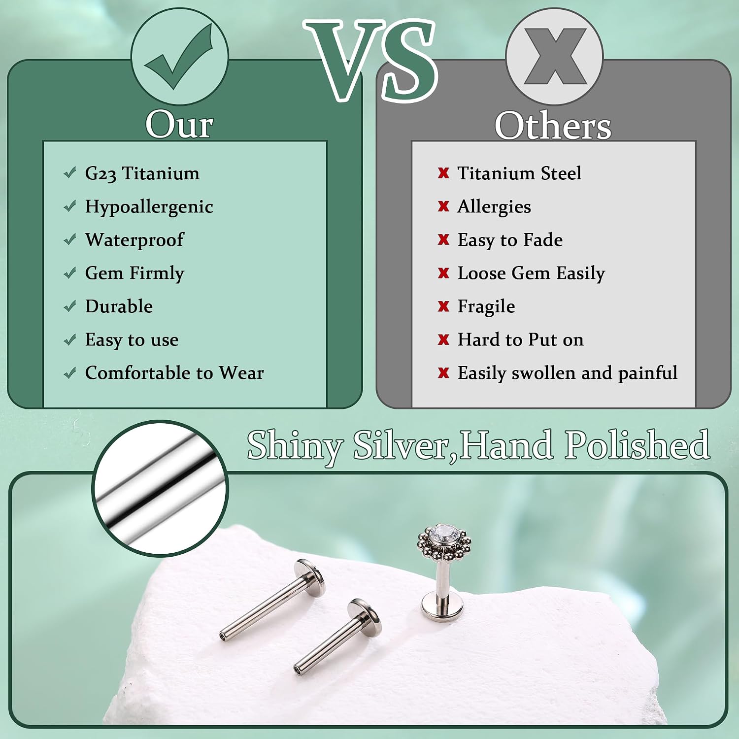 LOLIAS 16G G23 Titanium Tragus Conch Helix Piercing Jewelry 6mm 8mm 10mm - Internally Threaded Flat Back Stud Cartilage Earrings Hypoallergenic Forward Earlobe Labret Tragus Piercing Jewelry image 5