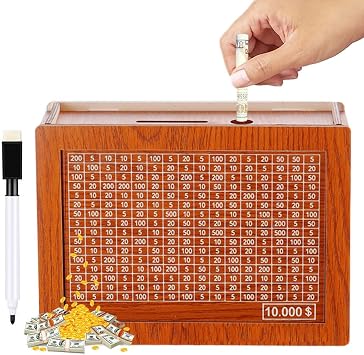 Cash Vault Wooden Savings Box, 10000 Savings Challenge Box Wooden Cash Saving Box, Cash Saver Money Box Wooden Money Box with Money Target and Numbers 10000