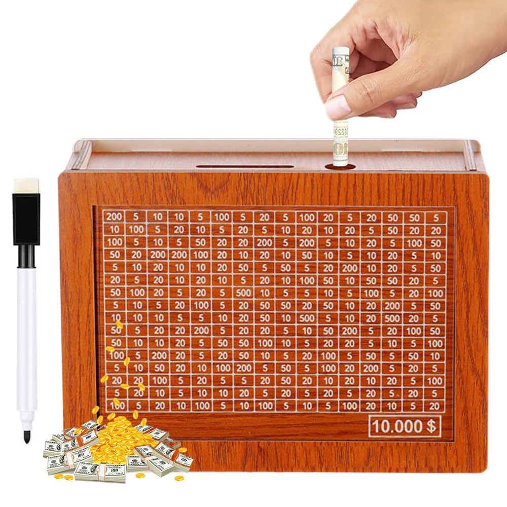 Cash Vault Retro Money Savings Box, Wooden Cash Saver with Money Target and Numbers (10000 Light Brown)