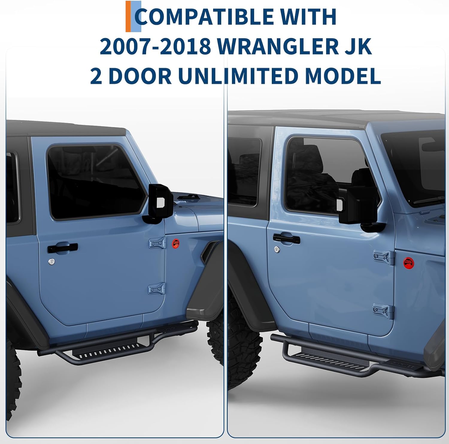 Garvee Running Boards Compatible with 2007-2018 Wrangler JK 2 Door, 6" Two-Stair Off-Road Heavy-Duty Side Steps, Black Powder Coated Nerf Bars for Easy Cab & Roof Access