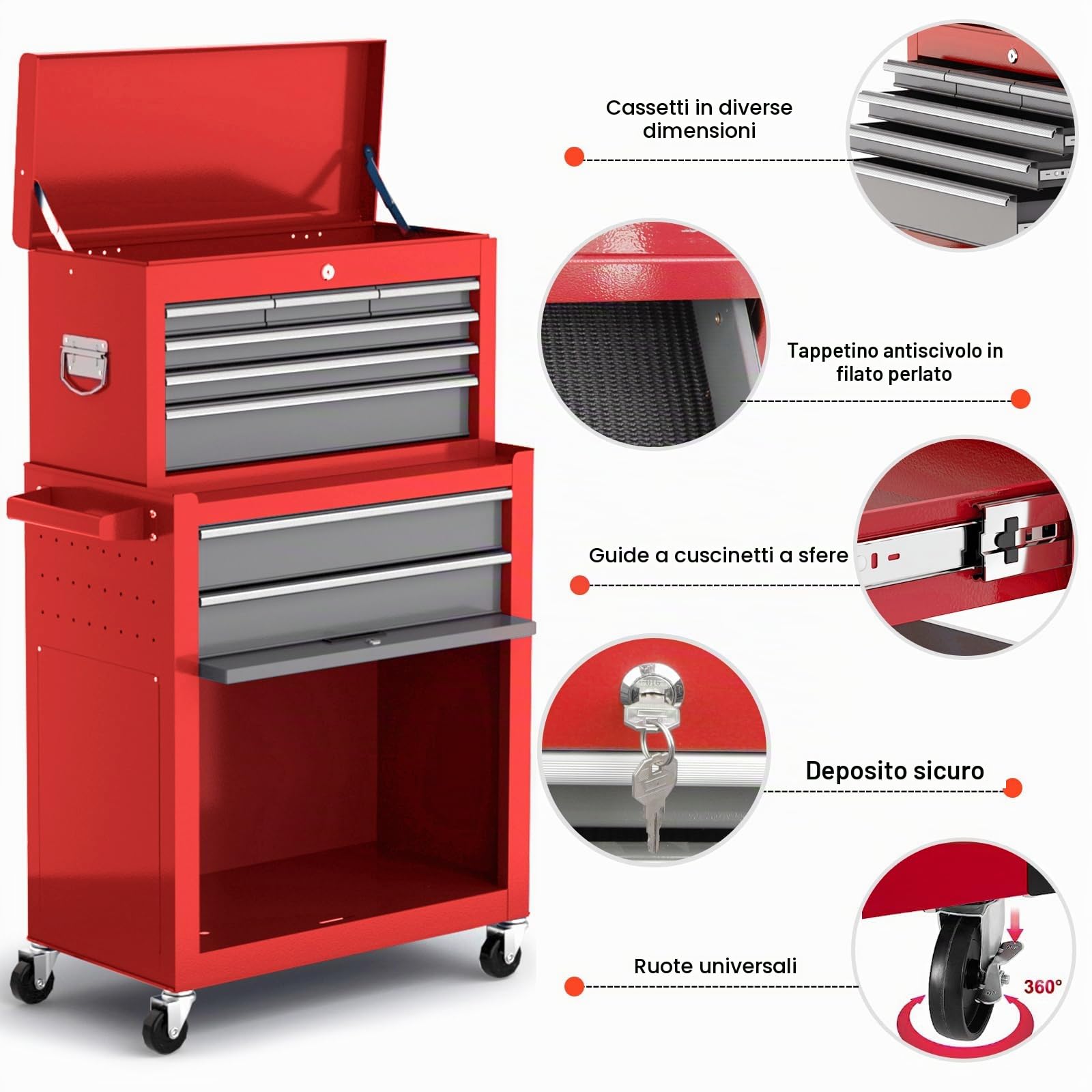 Carrello Porta Attrezzi con Otto Cassetti,Carrello Officina Grande da 42 Pollici con Ruote,Cassetta Portautensili in Metallo Superiore Rimovibile,Garage, Armadietti di Stoccaggio del Magazzino,Rosso