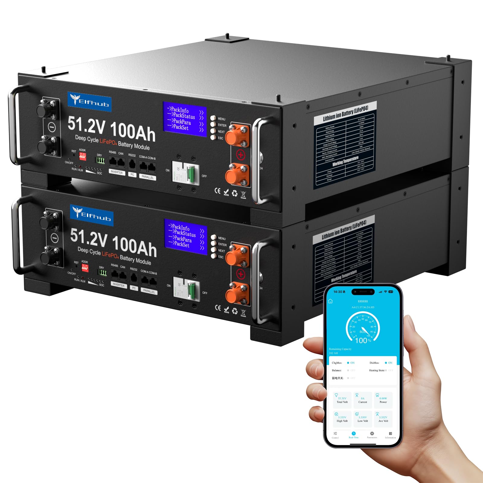 LiFePO4 48V 200Ah Bluetooth con BMS da 100A (confezione da 2 da 48V 100 Ah), batteria al litio da 10,24kWh 48V per armadietto solare per impianto solare completo, impianto fotovoltaico, camper