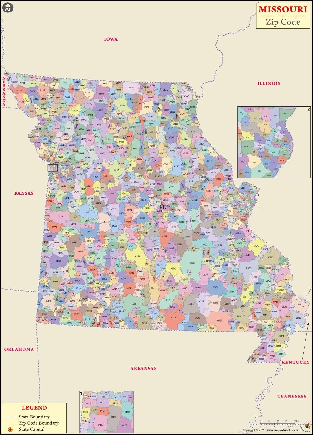Missouri Zip Code Map Laminated (36" W x 42.6" H