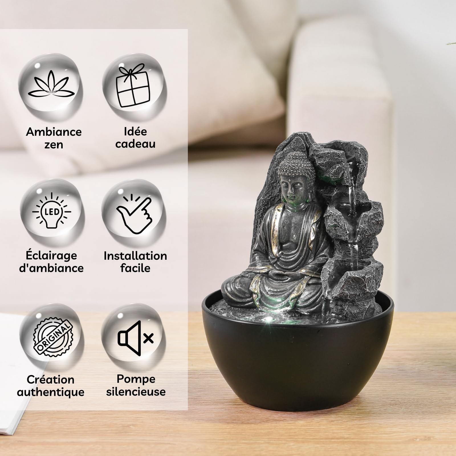 Fontana interna Buddha rilassante – Fontana Cascata – Decorazione Zen Feng Shui Portafortuna, idea regalo futea e utile piccolo prezzo, fontana da tavolo luce LED – H 18 cm – Revata Zen'Light