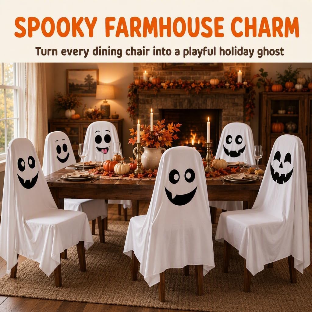 Halloween Ghost Pattern Chair Cover, Breathable Washable Reusable Chair Protector, Universal Fit Decorative Chair Cover for Dining Office Home Restaurant Cafe Halloween Party Decor，A4