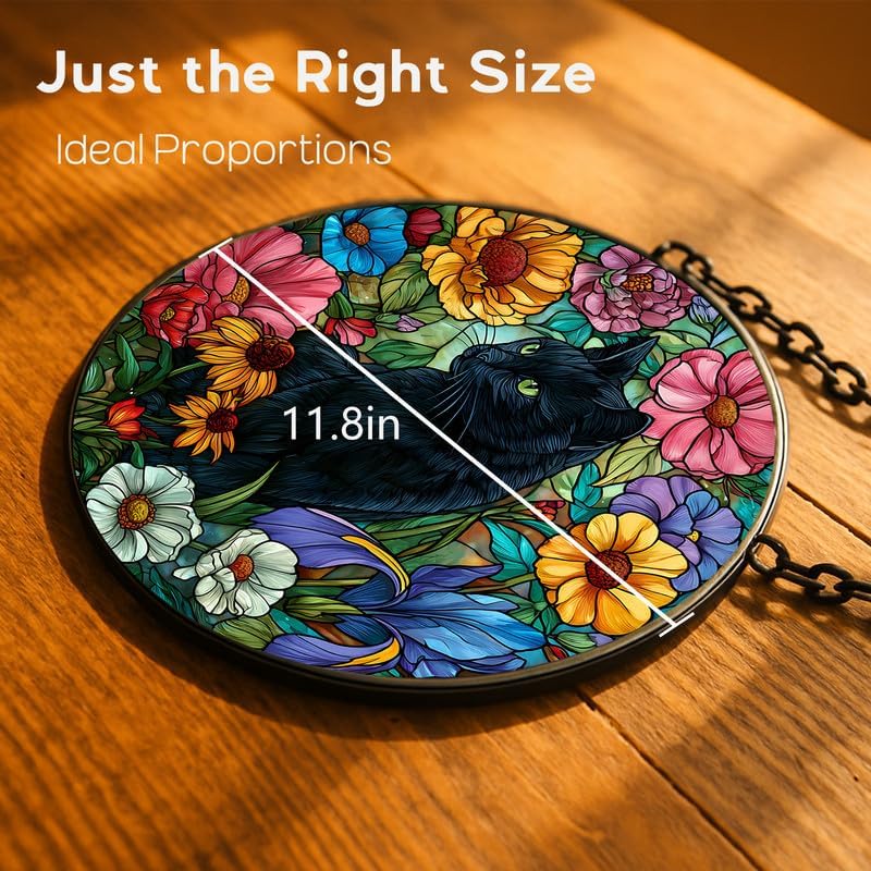 11.8in Stained Glass Window Hanging， Black Cat and Colorful Flowers Sun Catchers Indoor Window， Core Decor Inside and Outside The Cottage， Gifts for Women -721
