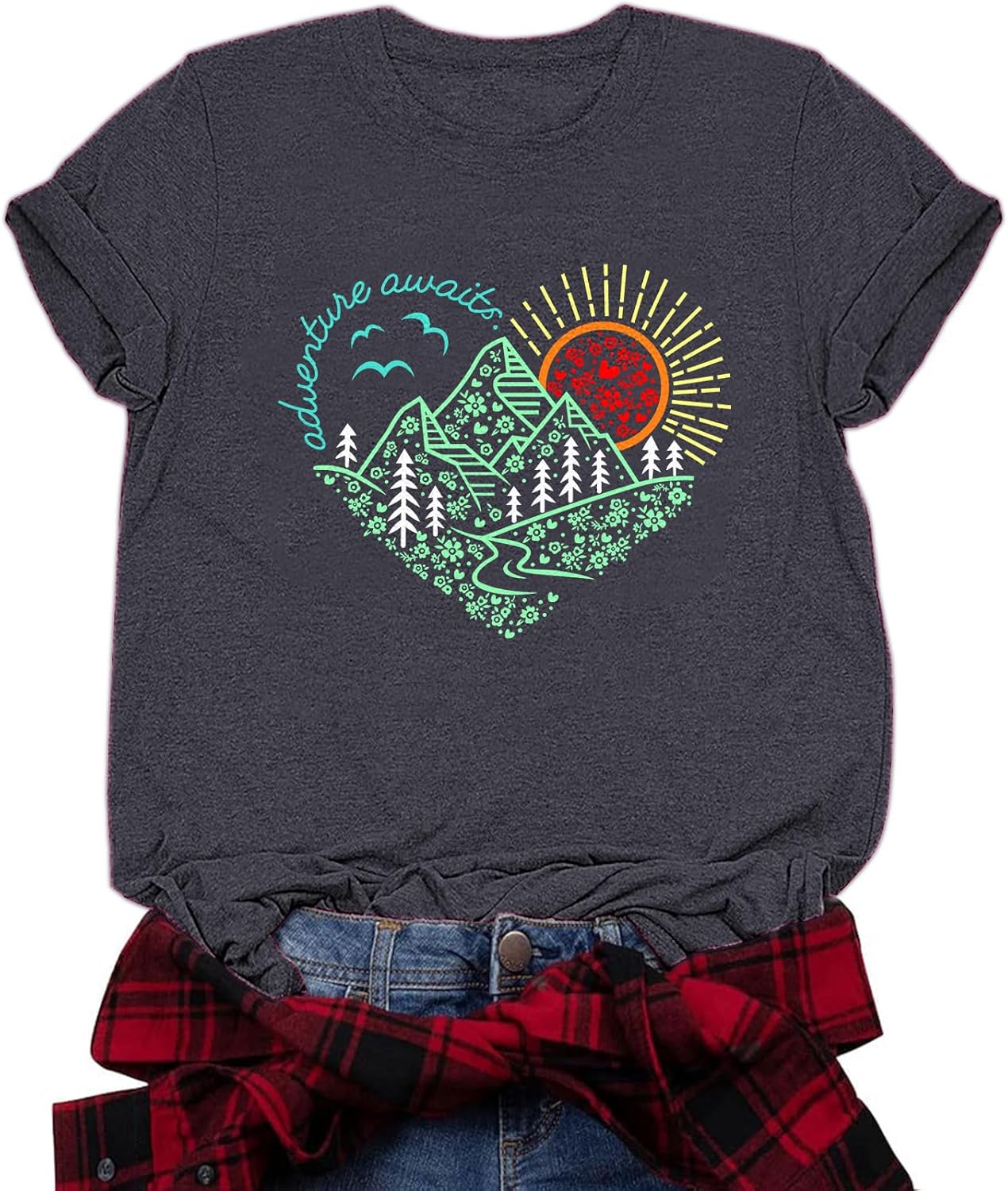 Women's Vintage Adventure Awaits Graphic Tee, Kindness Heart Mountain Nature Shirt for Hiking Travel Workout Tops