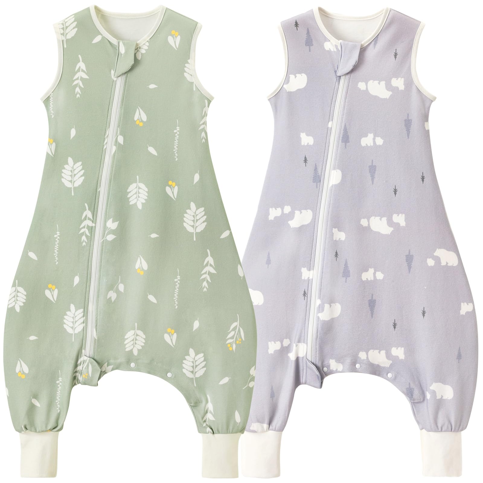 Nivolltha 2er Pack 0.5 TOG Premium Babyschlafsack mit Füßen, 100% Baumwolle, Superweich, Sommer Babyschlafsack mit Beinen, Blätter und Bären, Größe M