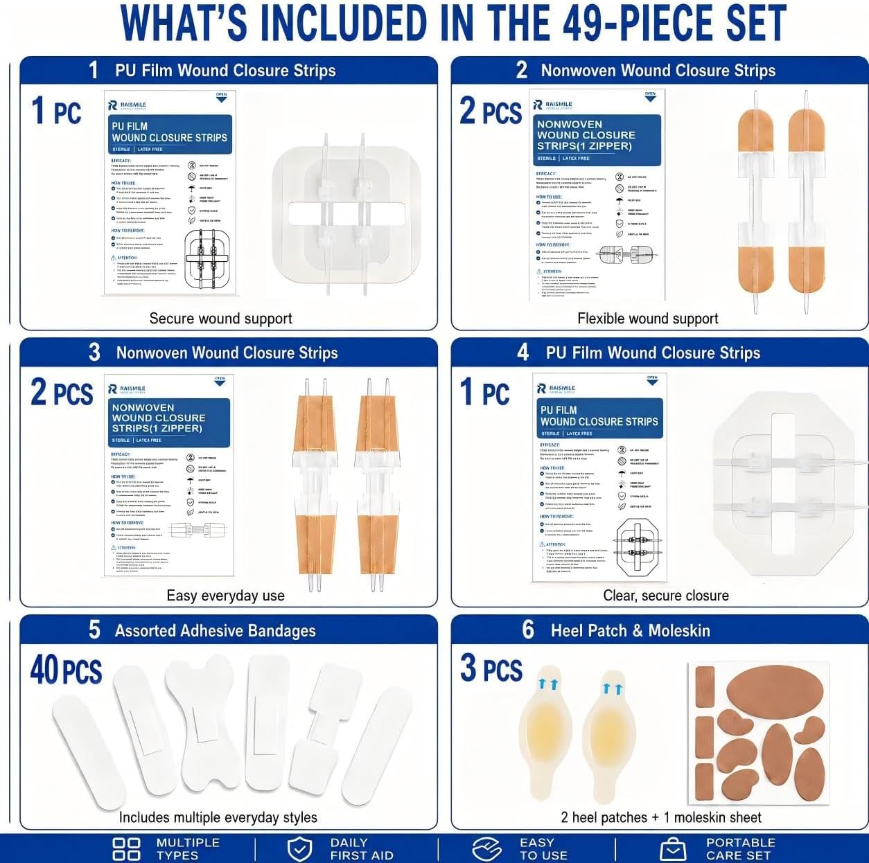 Wound Closure Strips Kit, 49-Piece Wound Care Set with 4 Types of Wound Closure Strips, Adhesive Bandages, Heel Patches & Moleskin for Home, Travel, Workplace & Outdoor First Aid(Box)