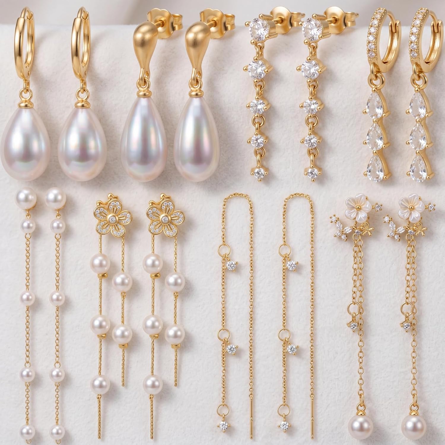 Nosiny 8 Pairs Gold Dangle Pearl Drop Earrings Set for Women Long Tassel Threader Chain Flower Sparkling Cz Threader Drop Earring Chain Wedding Bridal Earring Set for Women Trendy