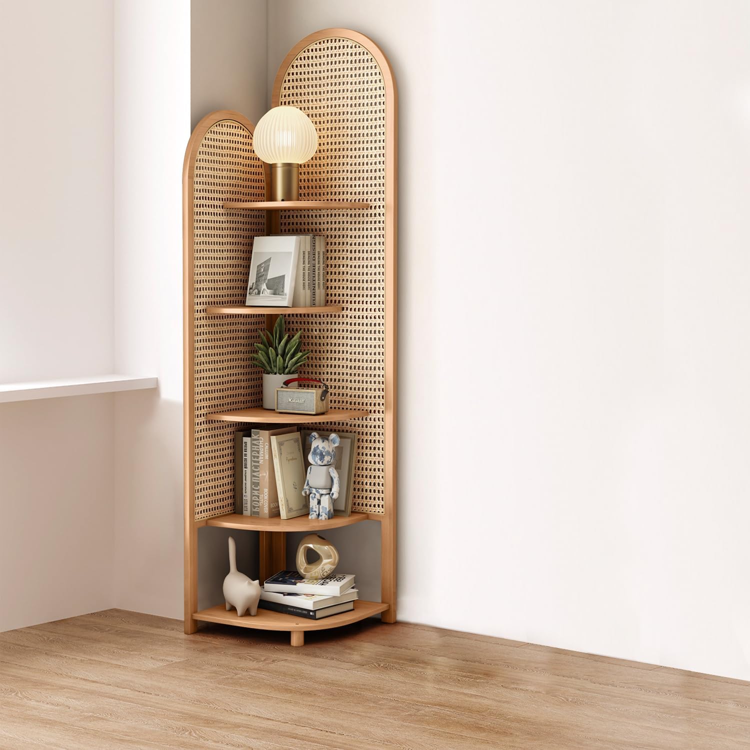 5-Tier Bamboo Corner Bookshelf with Rattan Back Panel, Arched Display Shelf, 66.1" Tall Stylish Bookcase Display Rack Book Shelf Storage Organizer Plant Stand for Living Room, Home Office, Natural